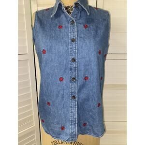 80s 90s MARSH LANDING Blues Denim 100% Cotton Sleeveless Shirt Blouse Medium